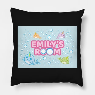 Personalised Narwhal 'Emily's Room' Sea Unicorn Bedroom Poster Door Sign Pillow