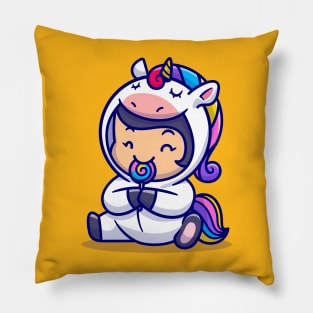 Cute Little Girl Wearing Unicorn Costume And Eat Lollipop Pillow