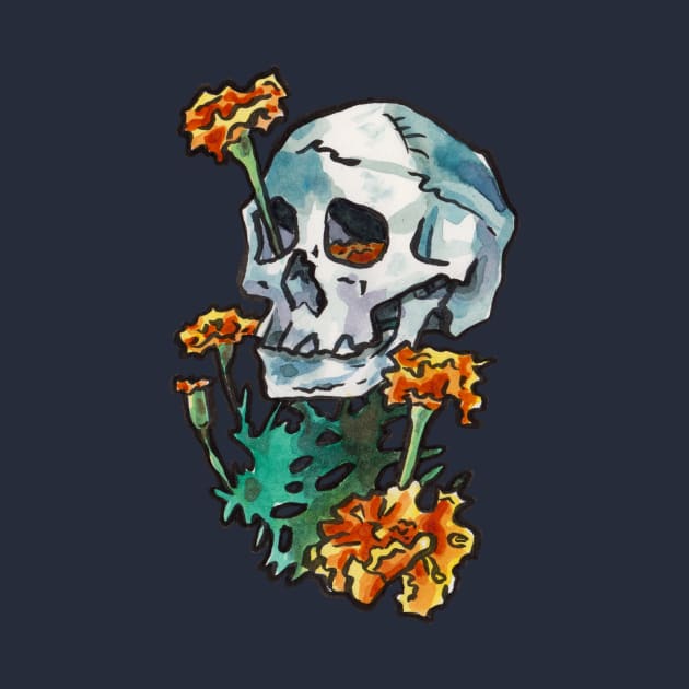 Skull with Marigold Flowers by JenTheTracy