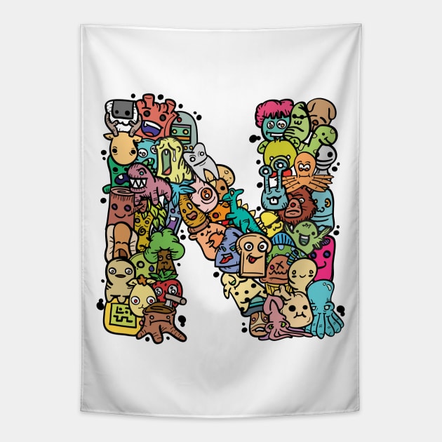 Alphabet Monster Doodle Letter N Monogram Tapestry by Irene Koh Studio