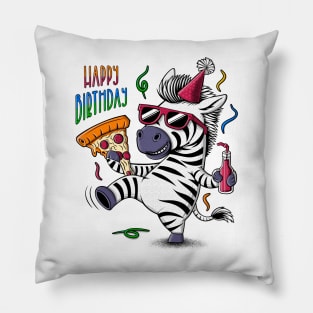 Zebra illustration in a party hat and sunglasses holding a pizza and a bottle. Happy birthday greeting Pillow