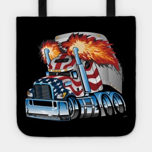 Patriotic American Flag Semi Truck Tractor Trailer Big Rig Trucker Cartoon Tote