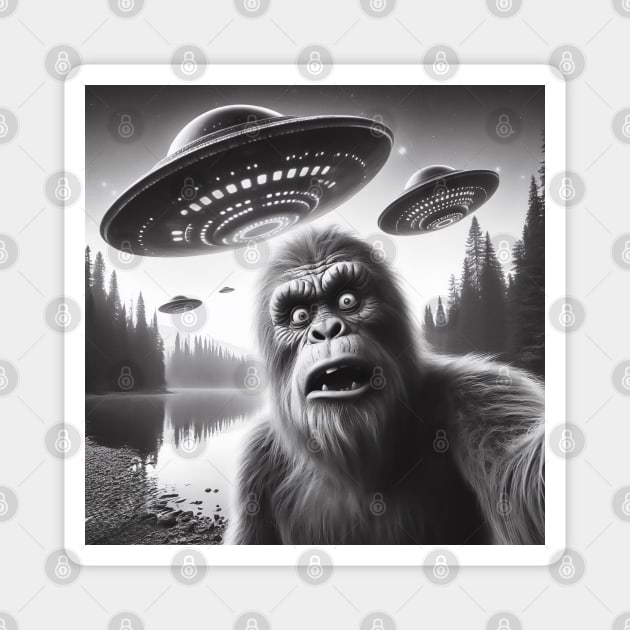 Funny bigfoot sasquatch ufo selfie Magnet by TomFrontierArt