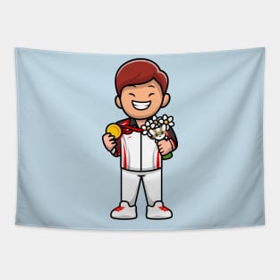 Cute Boy Winning Champion Cartoon Tapestry