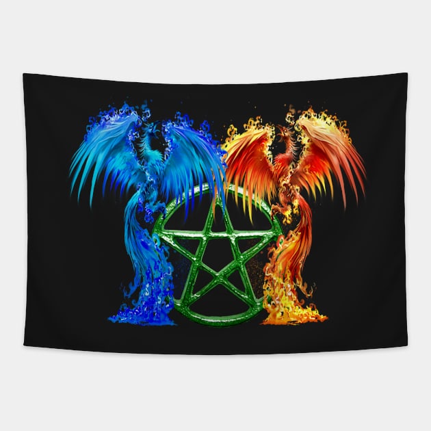 Fantasy Fire And Ice Phoenix Green Pentagram Tapestry by Atteestude