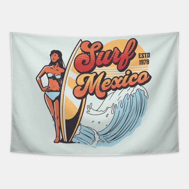 Surf Mexico // Vintage Surfer Babe // Retro Surfing Tapestry by Now Boarding