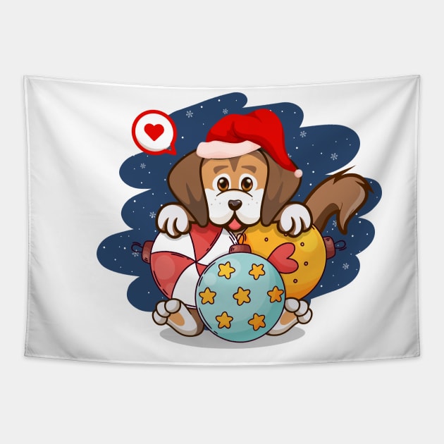 Christmas dog santa hat - ornaments Xmas balls Tapestry by Qprinty