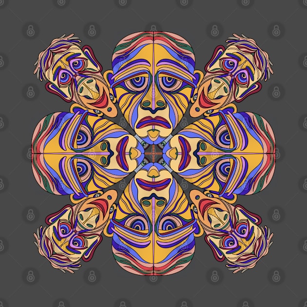 Happy and sad face mandala type design in yellows and blues by DaveDanchuk