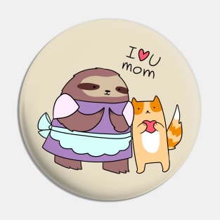 I Love U Mom Sloth and Cat Pin