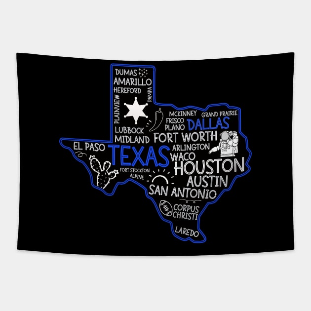 Dallas Texas cute map San Antonio Austin Fort Worth El Paso Dallas TX state Tapestry by BoogieCreates