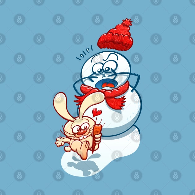 Naughty bunny stealing the carrot nose of a Christmas snowman by zooco