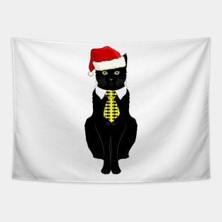 Black Business Cat Kitten with Yellow Tie Santa Tapestry