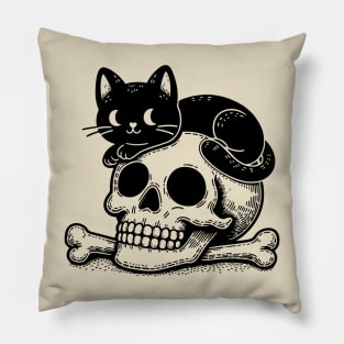 Black cat lay on the skull Pillow