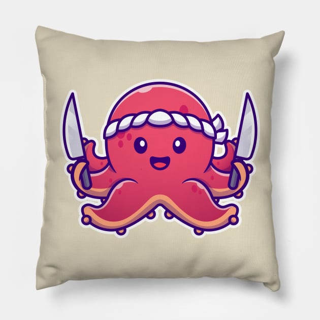 Octopus Chef Holding Knife Cartoon Pillow by Catalyst Labs