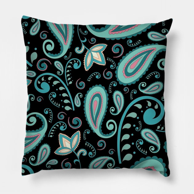 Bright Coral Green Paisley Midnight Black Pillow by novaya