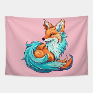 Whimsical fluffy red fox with cyan fur Tapestry