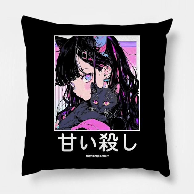 Stylish Anime Neko Girl Manga Aesthetic Streetwear Pillow by Neon Bang Bang