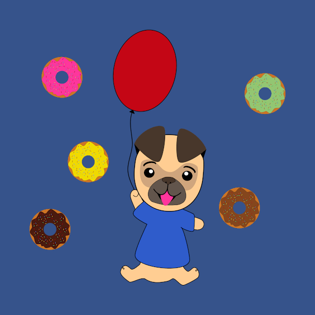 Flying pug dog on a balloon with donuts in the magical sky by Ralph Hovsepian