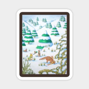 cute fox and rabbits snow scene for christmas Magnet