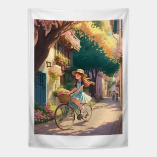 A cute girl explores a lively street on her bicycle. Tapestry