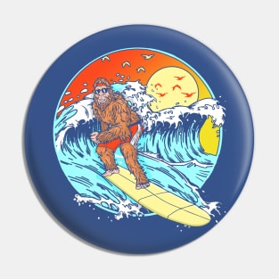 Surfing Bigfoot Funny Beach Sasquatch Surfer Waves Retro 80s Pin