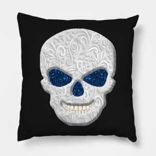 Lacy Floral Faux Blue Glitter Eyes Skull Pillow