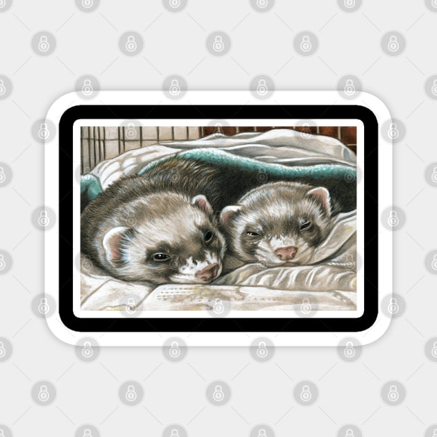 Napping Ferret Buddies - White Outlined Version Magnet by Nat Ewert Art