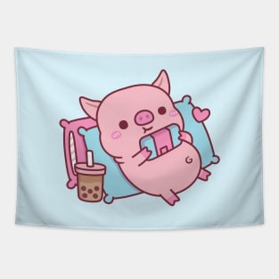 Cute Piggy Gamer Chilling With Video Games And Bubble Tea Tapestry