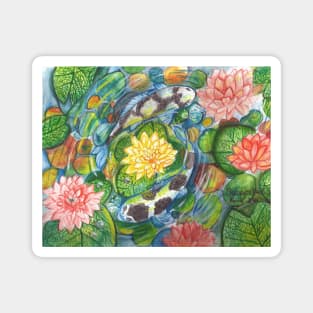 Koi Fishes in the pond of lilies and pebbles around the flower of life, a Japanese inspired watercolor painting with yin-yang concept Magnet