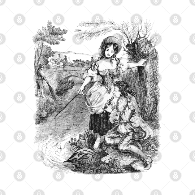 Idyllic Rustic Scene with a Girl and a Shepherd. Black and White Vintage Illustration by Biophilia