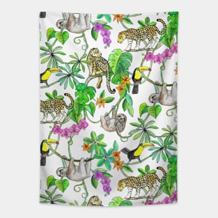 Rainforest Friends - watercolor animals on mint green Tapestry