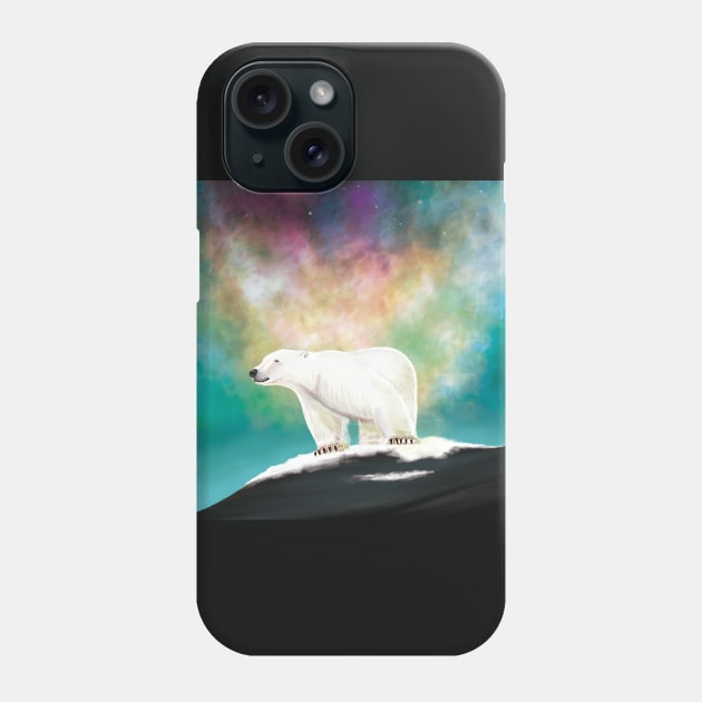 Polar Bear on a Rock in front of Northern Lights Phone Case by Brushes with Nature