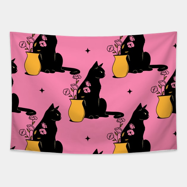 Playful Black Cat Pattern in pink Tapestry by The Charcoal Cat Co.