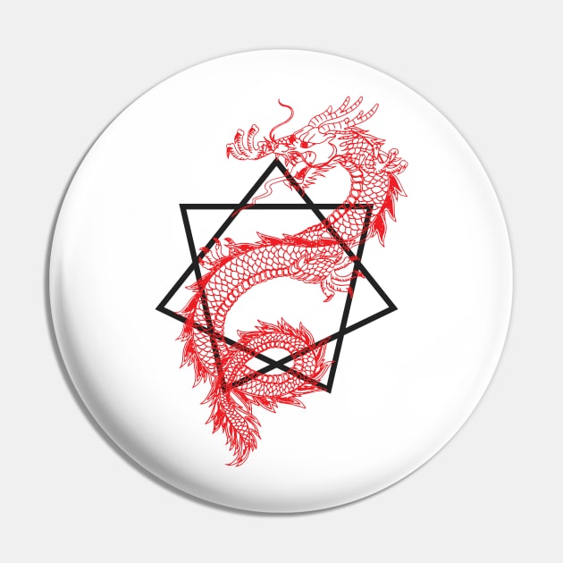 Asian Dragon With Sacred Geometry Heptagram (Seven Sided Star) Design Pin by Nonstop Shirts