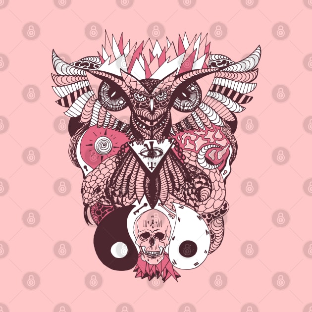 Pink and White Owl And Ageless Skull by kenallouis