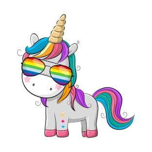 Cute unicorn with sunglasses colors of the rainbow. T-Shirt