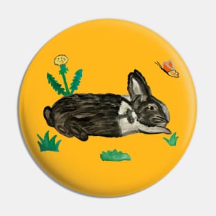 Rabbit with Butterfly and Dandelions Yellow Painting Pin