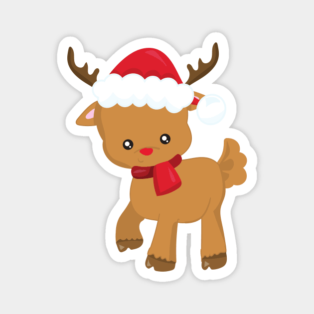 Christmas Reindeer, Red Nose, Santa Hat, New Year Magnet by Jelena Dunčević