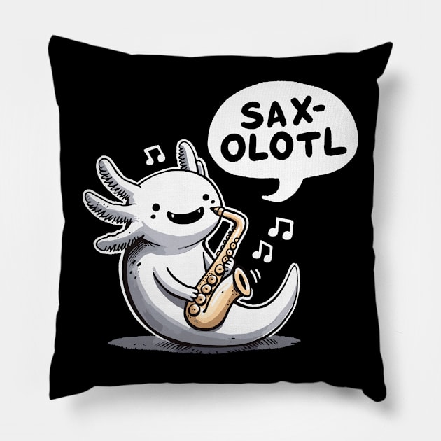 Saxolotl Jazz Axolotl Pillow by DoodleDashDesigns