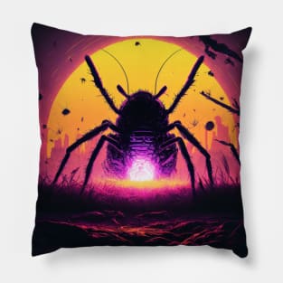 Alien Bug On Synthwave Sun Pillow