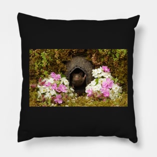 George the mouse in a log pile House spring flowers Pillow