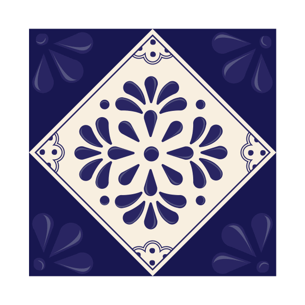 Blue Abstract Floral Talavera Tile by Akbaly by Akbaly