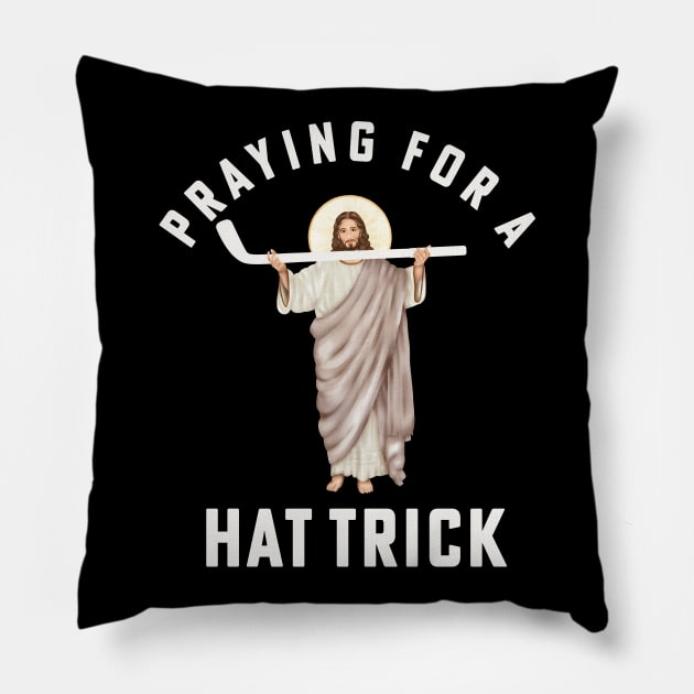 Funny Jesus Hockey Religious Hockey Praying for a Hat Trick Pillow by PodDesignShop