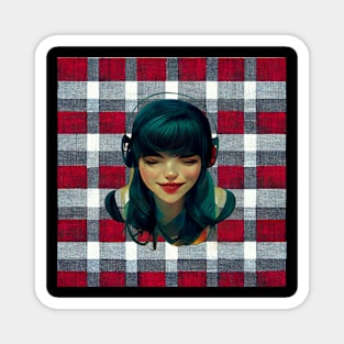 Girl listening to her music on headphones on a plaid background. Magnet