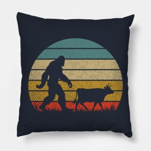 Bigfoot Walking With Cow Vintage Retro Sunset Funny Hiking Pillow