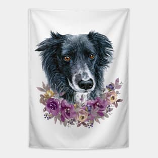 Cute Border Collie Puppy Dog with Flowers Illustration Art Tapestry