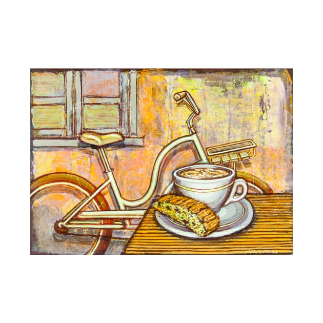 Cream Electra Town bicycle with cappuccino and biscotti by markhowardjones
