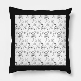 Whimsical Flower Pattern in Black and White Pillow