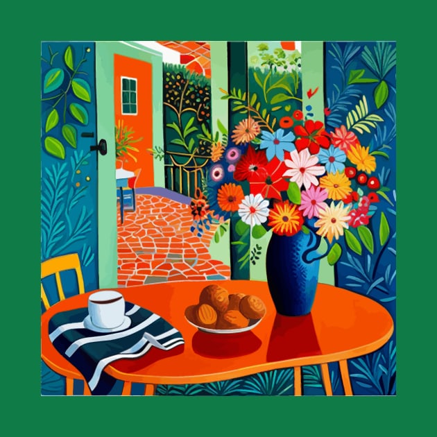 Modern Still Life Painting with Floral Vase and Garden View by bragova