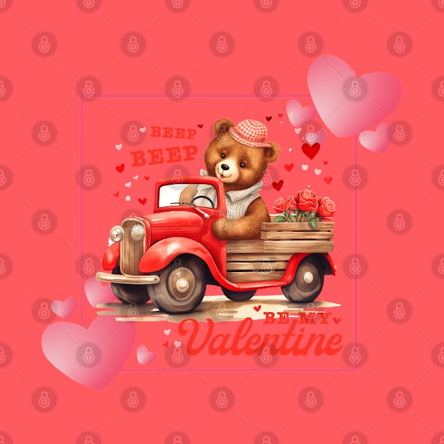 Valentine's Day - bear in truck with roses vintage style by Petprinty